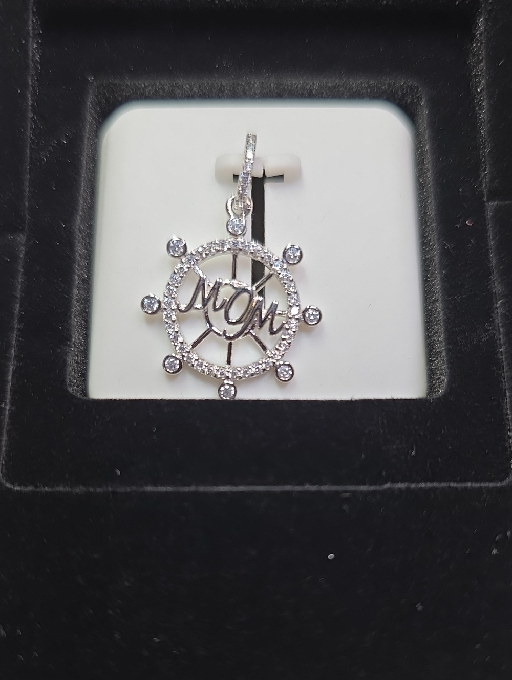 Sterling Silver 'Mom' Ship Wheel Pendant with Clear Spinel Stones - Silver